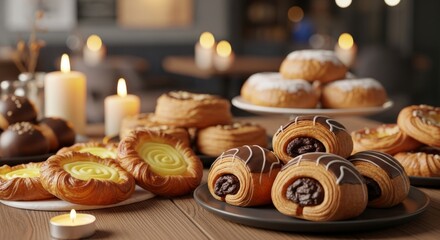 Naklejka premium Assorted pastries arranged on wooden table with candles