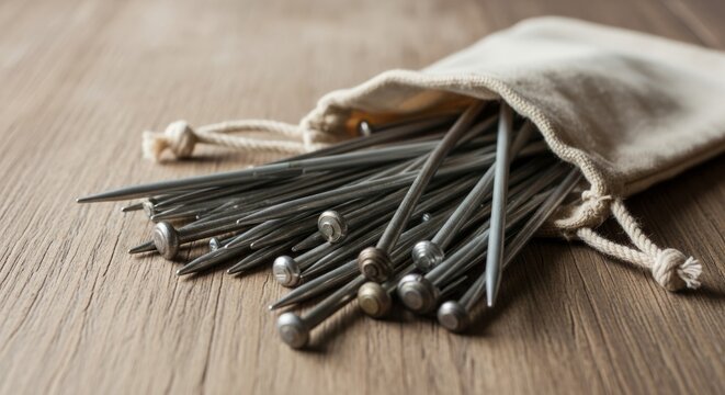 Set of metal knitting needles in fabric pouch on wooden table