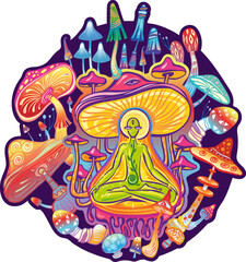 Naklejka premium PrintPsychedelic Meditation with Mushrooms Colorful Fantasy Illustration