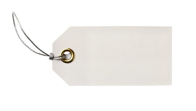 Blank white paper tag with silver string and brass grommet, isolated on transparent background