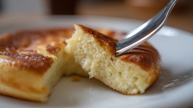 Close-up of a golden-brown fluffy pancake or blini on a white plate, with a fork cutting into its soft, airy texture, showing delicious breakfast food