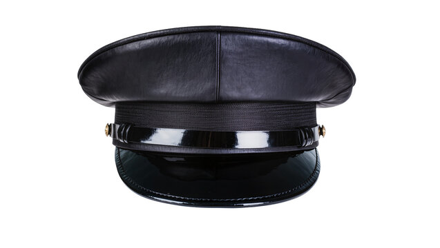 Black leather peaked cap with shiny band, isolated on transparent background