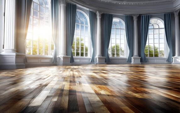 Elegant Ballroom with Polished Wooden Floor and Tall Curtains ca. 1825
