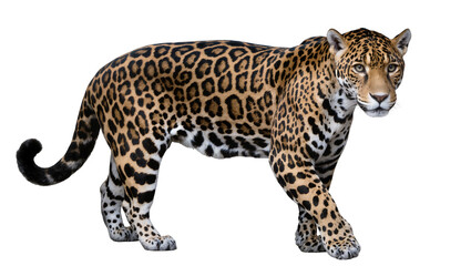 Majestic jaguar with spotted fur walking confidently, isolated on transparent background © Maria