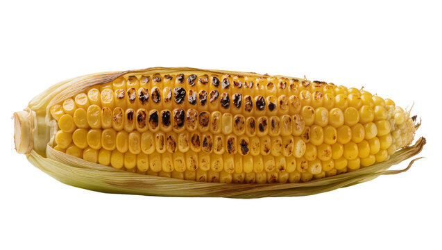 Golden grilled corn cob with charred kernels, isolated on transparent background
