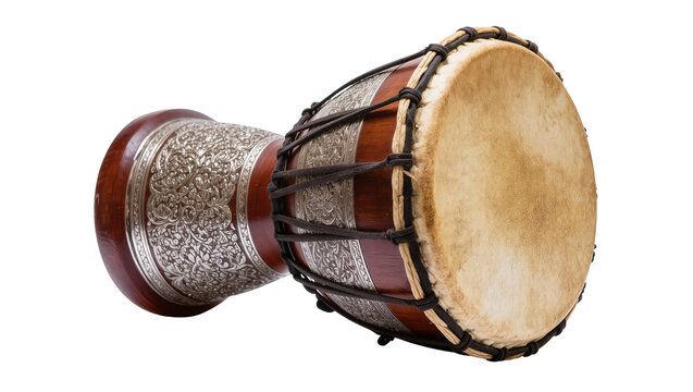 Ornate wooden goblet drum with silver filigree and leather head, isolated on transparent background
