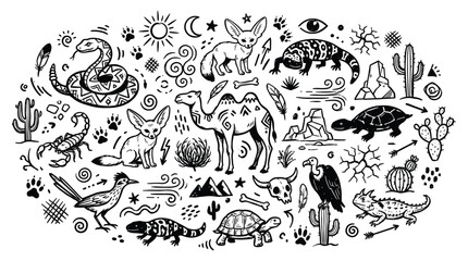 Obraz premium Desert doodle elements featuring animals and plants in a scenic landscape