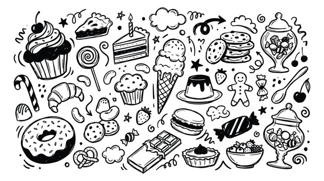 A doodle illustration of various sweet treats and desserts on a diet plan