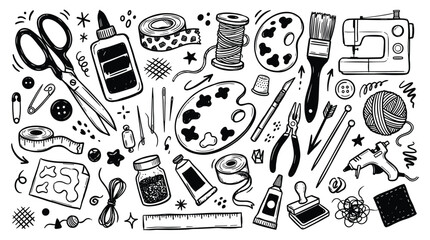 A vibrant doodle illustration of various art supplies and craft tools scattered on a table indoors © Hutagalung