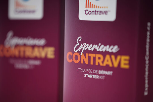 Calgary, Alberta, Canada. April 14, 2026. Close-up of Contrave antiobesity medication starter kit packaging with French and English text.