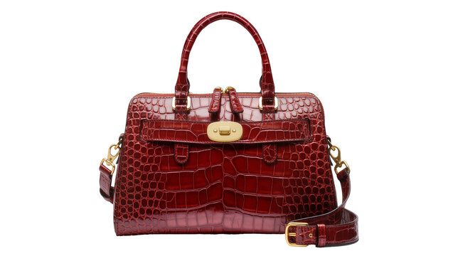 Shiny red crocodile embossed leather handbag with gold hardware, isolated on transparent background