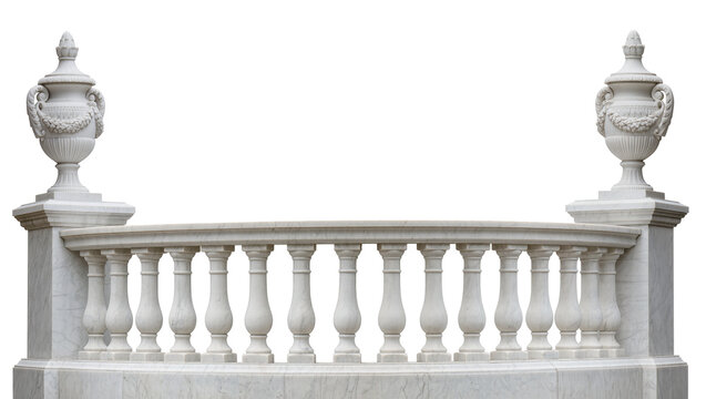 Ornate white marble balustrade with decorative urns, isolated on transparent background