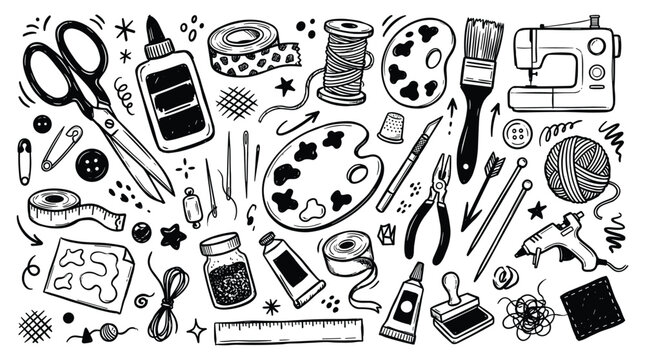 A vibrant doodle illustration of various art supplies and craft tools scattered on a table indoors