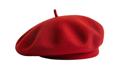 Red felt beret with a small stem, isolated on transparent background