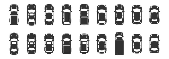 top view icons of various passenger and pickup trucks vehicles illustration vector set on transparent background © gerik_a