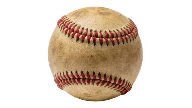 Aged baseball with red stitching showing wear and tear, isolated on transparent background