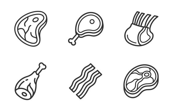 meat cuts icons set line art illustration with steak ribs bacon and ham on transparent background