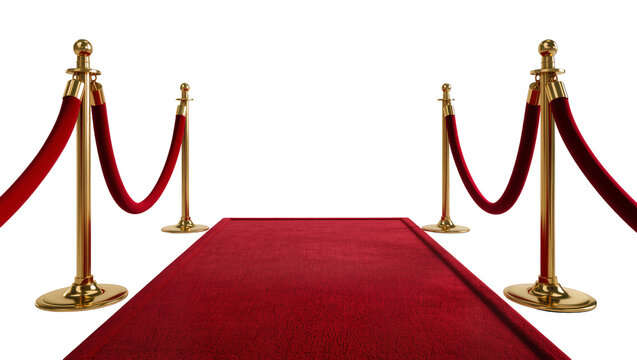 Red carpet with gold stanchions and velvet ropes, isolated on transparent background