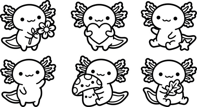 Cute axolotl holding flower heart and mushroom black and white vector art