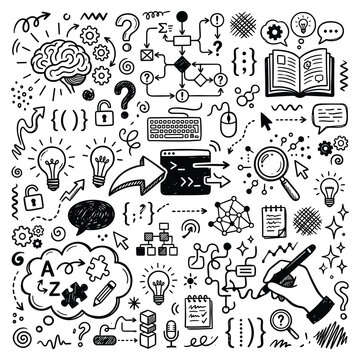 A doctor's office doodle illustration depicts various medical and business symbols.