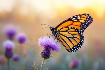 Obraz premium Monarch Butterfly Resting on Blooming Purple Thistle Flower at Sunset