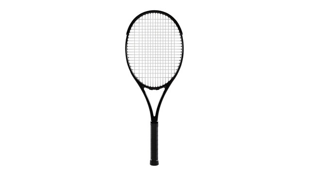 Sleek black tennis racket with taut white strings, isolated on transparent background