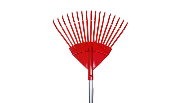 Red metal leaf rake with silver handle, isolated on transparent background