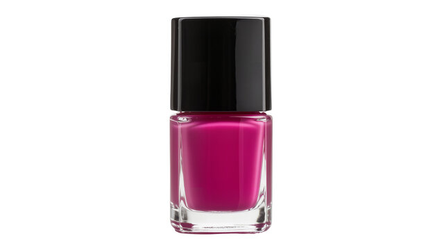 Glass bottle of vibrant fuchsia nail polish with black cap, isolated on transparent background