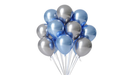 Naklejka premium Cluster of metallic blue and silver balloons, isolated on transparent background