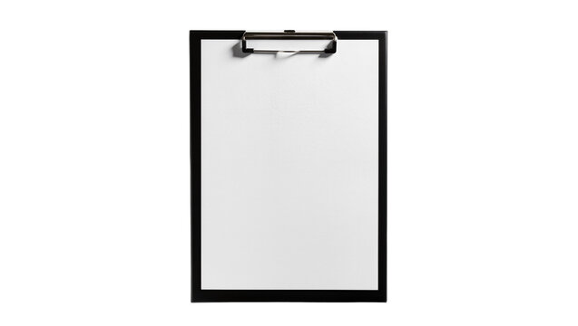 Black clipboard with blank white paper, isolated on transparent background