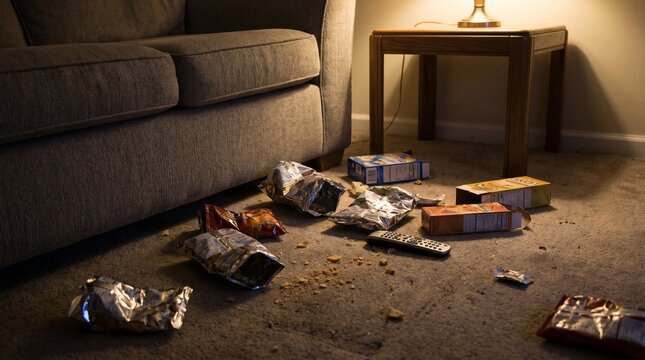 empty snack packets floor scattered, late night binge realism