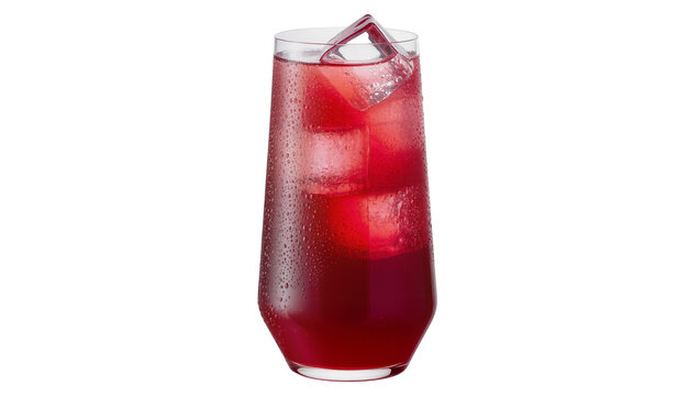 Tall glass of red berry juice with ice cubes condensation, isolated on transparent background