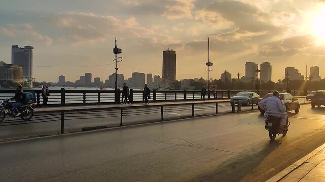 Evening  sunset view of Cairo with Nile, faimous Tower and city streets