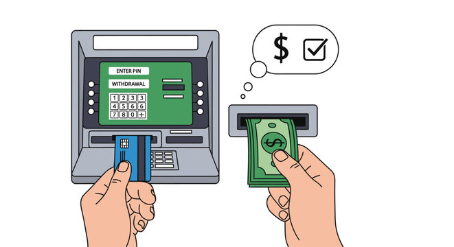 Atm transaction illustration hand inserting card and receiving cash