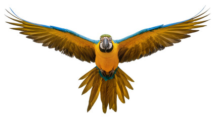 Blue and yellow macaw parrot with wings spread wide, isolated on transparent background © Maria