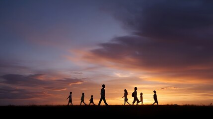 Fototapeta premium A group of figures walking across an open field against the dramatic colorful hues of the setting sun
