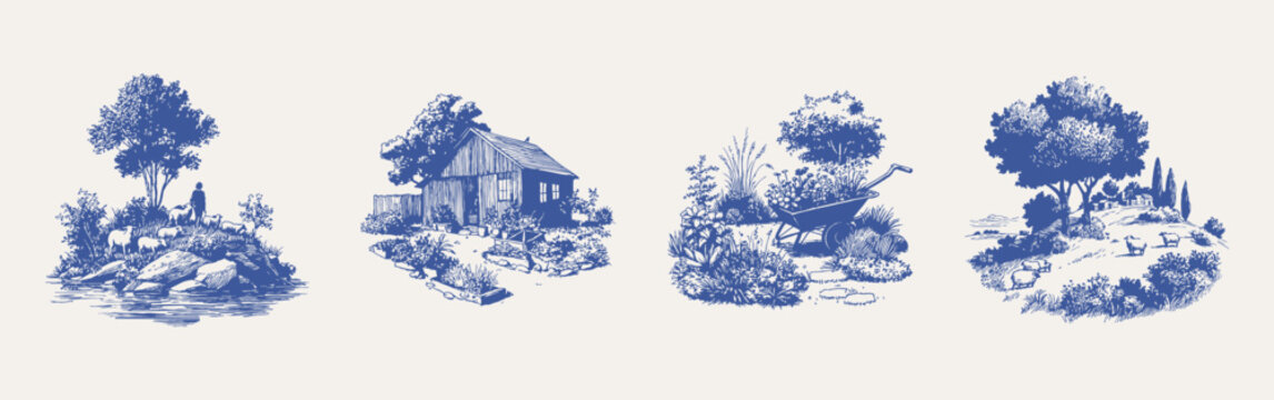 Pastoral countryside scenes sheep cottage garden rural landscape set. Detailed compositions show farm life, trees and nature elements. Illustrations for packaging and decor in hand drawn sketch style.