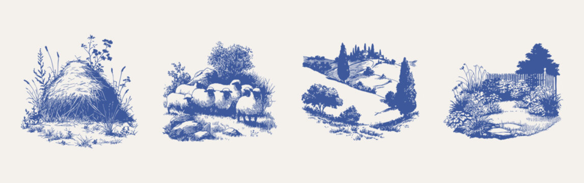 Vintage rural elements haystack sheep hills countryside composition. Natural scenes with plants, animals and terrain details. Illustrations for prints and wrapping in hand drawn style.