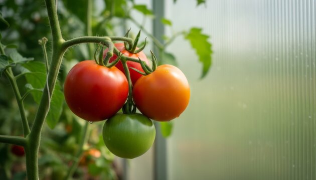 Tomatoes ripening on the vine in a sunny greenhouse