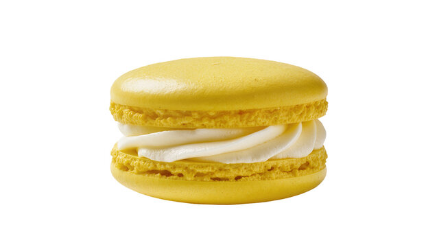 Yellow lemon macaron with creamy white filling, isolated on transparent background