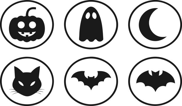 Black and white Halloween animal icon set with spooky elements like pumpkin cat ghost bat skull and witch in simple vector design