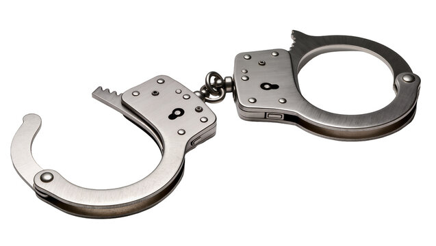 Shiny metal handcuffs with security locks, isolated on transparent background