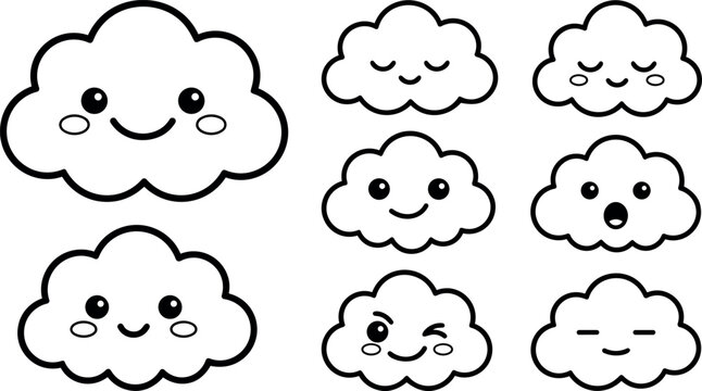 Cute cartoon clouds with different happy facial expressions vector art