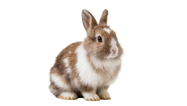 Small brown and white rabbit sitting, isolated on transparent background