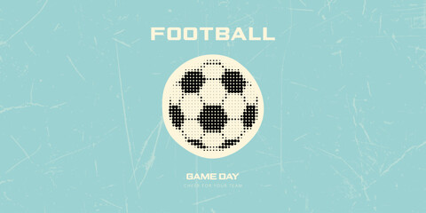 Classic soccer ball in halftone pixel style on light blue vintage background. Banner for football championship and sports events promotion, vector illustration. © Liliya