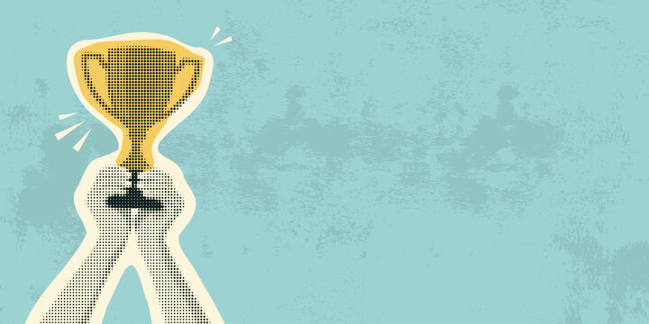 Human hands holding winner trophy cup in halftone retro style. Scene for football victory celebration and sports achievement award, vector illustration.