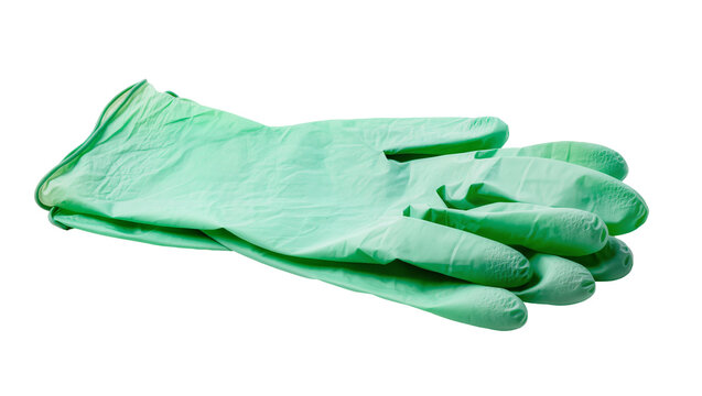 Pair of light green disposable nitrile gloves textured fingertips, isolated on transparent background