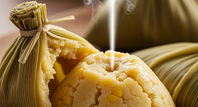 A steaming tamale wrapped in a corn husk with a bite taken out of it