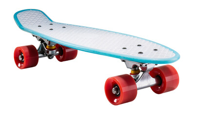 Blue plastic skateboard with red wheels, isolated on transparent background © Maria