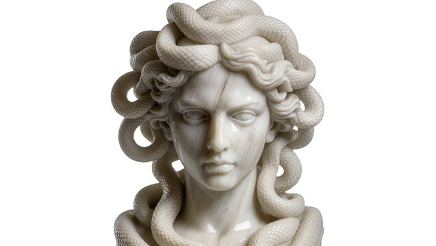 White marble Medusa bust with coiled snakes for hair, isolated on transparent background